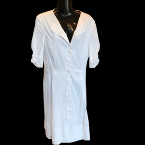 Tahari Button Up White Cotton Shirt Dress Short Sleeve with Ruffle -Missing Belt